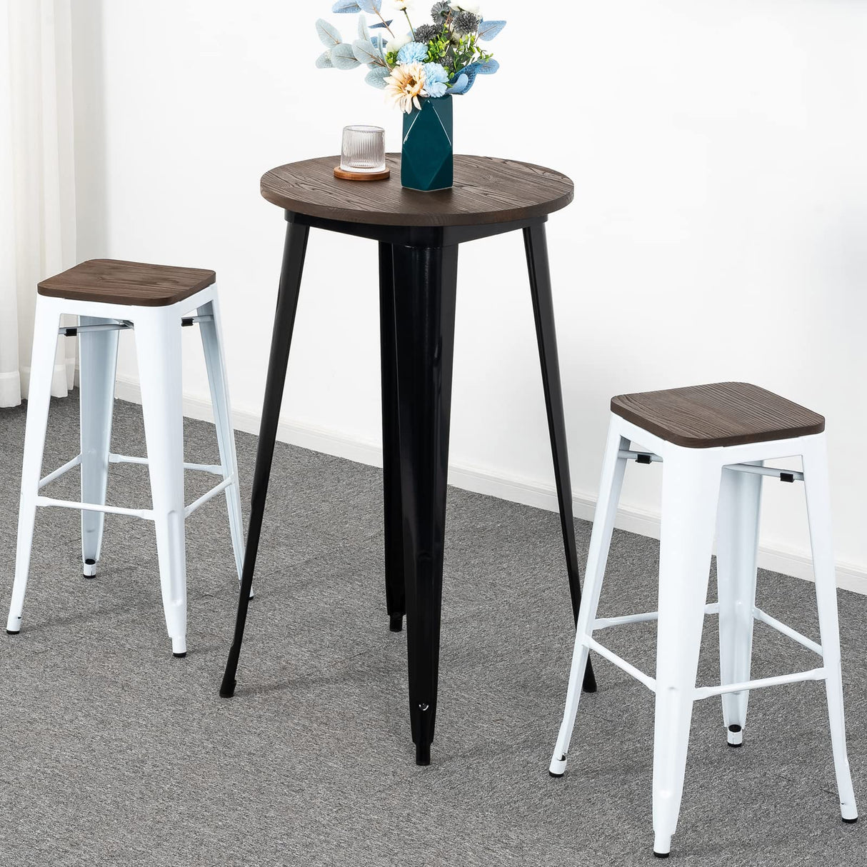 Brage Living 30 Inch Metal Bar Stools with Square Solid Elm Wood Seat Top, Backless Stackable Industrial Barstools Set of 2 (White) Brage Living