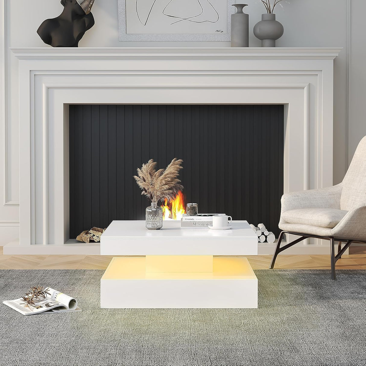 LED Coffee Table for Living Room with Storage - High Glossy Modern White Center Table with 2 Drawers, Square Wooden Middle Table with 16-Color Lights 31" x 31" x 14.6" (White) FKWin