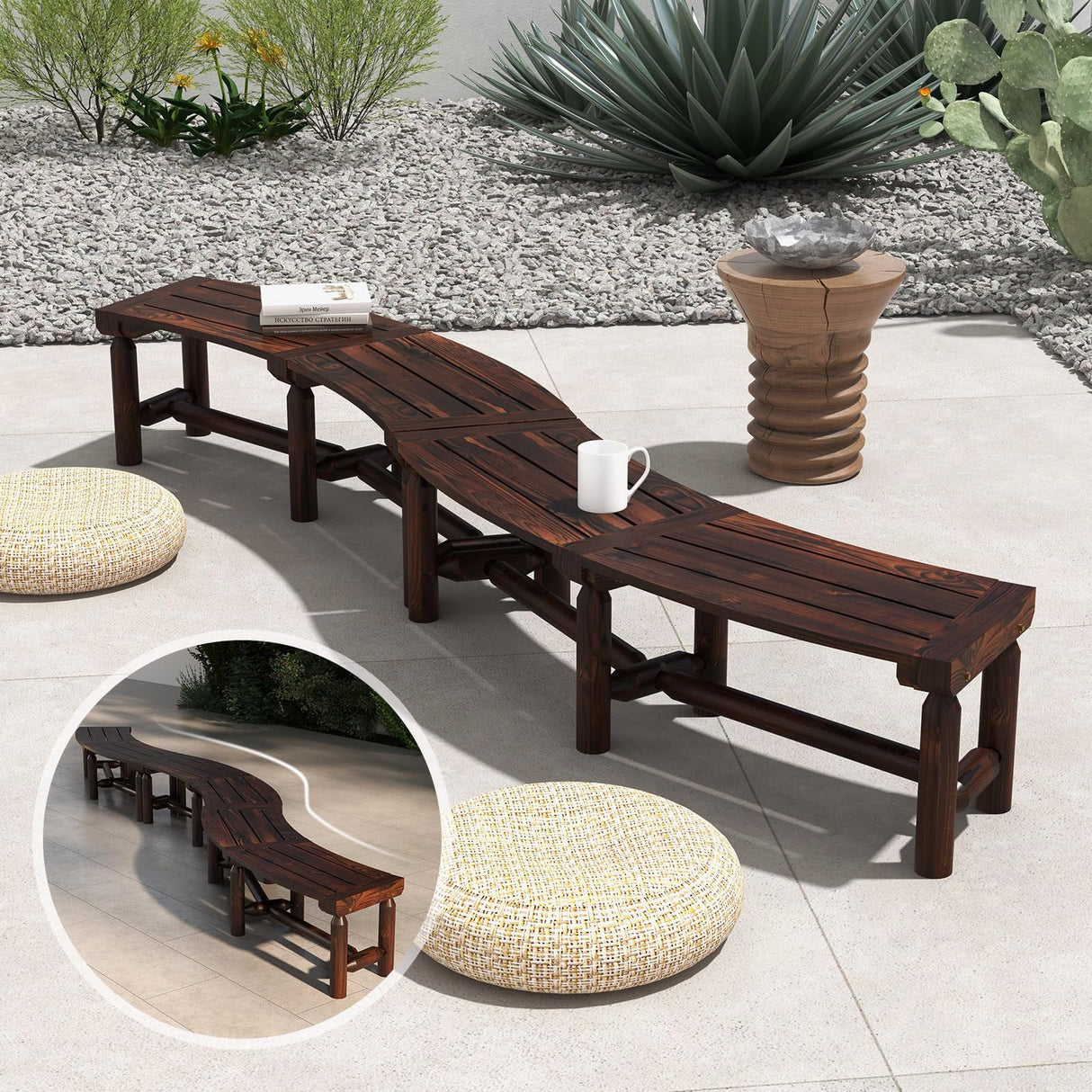 Tangkula Patio Curved Bench Set of 4, Carbonized Wood Dining Bench, Spacious & Slatted Seat, 710 LBS Max Load, 2-Person Wood Fire Pit Bench for Backyard, Garden, Porch Tangkula