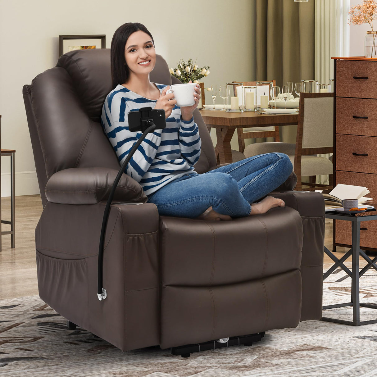 YITAHOME Recliner Chair with Phone Holder, Electric Power Lift Recliner Massage Sofa for Living Room, Home Theater Seating with Cup Holders and LED Lighting, Heated Recliner with USB Ports,Brown YITAHOME