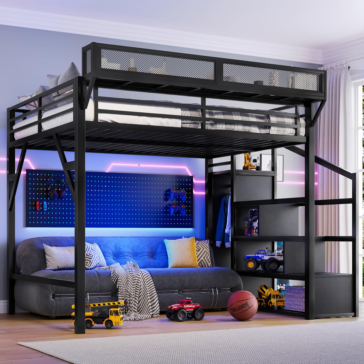 KALALLA Queen Size Loft Bed with Convertible Stairs and LED, USB Ports, Heavy-Duty Metal Loft Bunker Bed with Storage Shelves Integrated Wardrobe for Kids Boys Adults, Black Woodgrain KALALLA