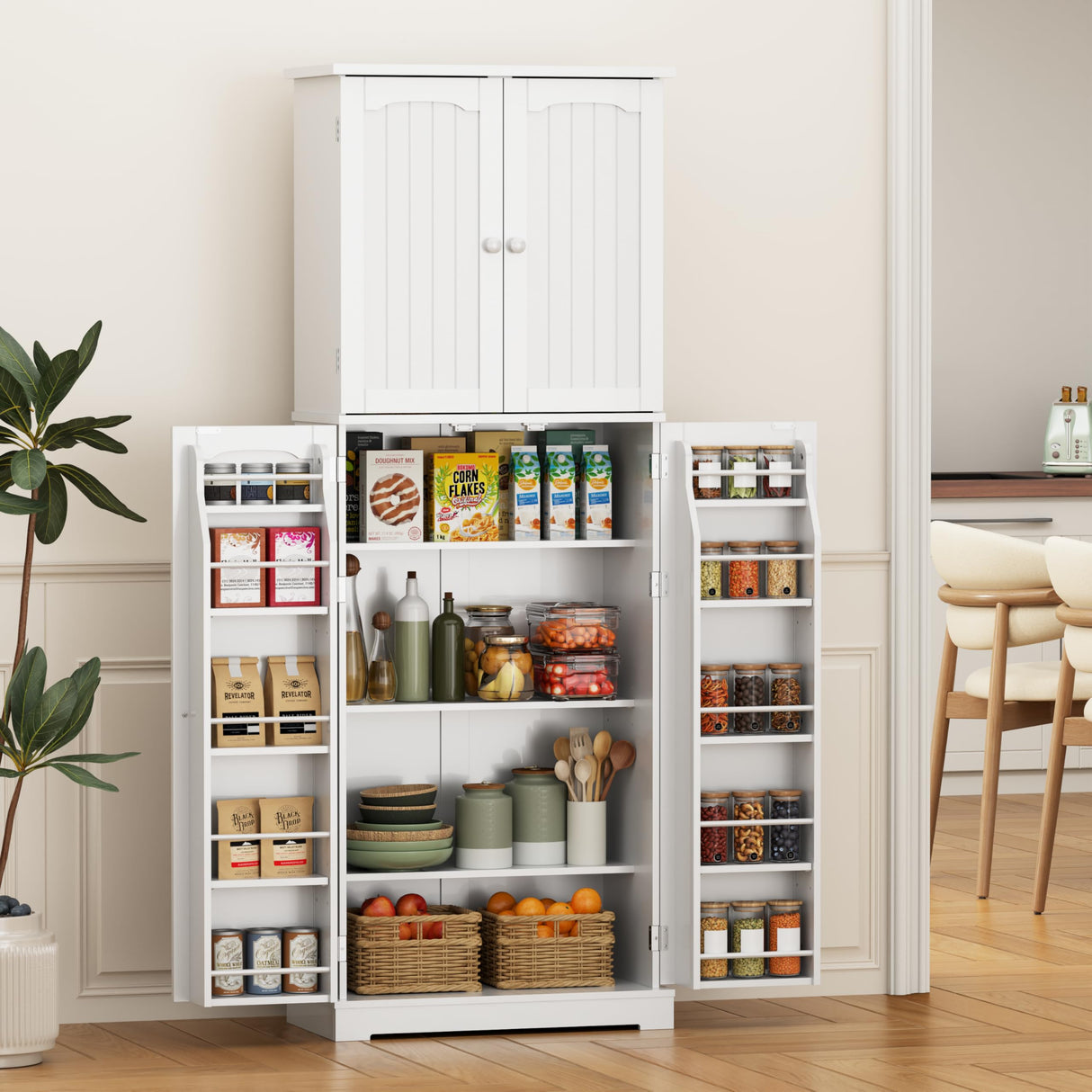 Yusong 64'' Kitchen Storage Cabinet, Tall Pantry Storage Cabinet with Doors and Shelves, Food Free Standing Pantry for Kitchen Dining Living Room, White Yusong