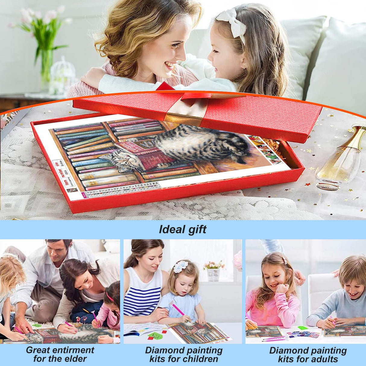 Acudotr Diamond Painting Kits for Adults, 5D DIY Diamond Art Kits for Beginners, Full Drill Diamond Painting Kits for Home Wall Decor, Reading Cat, 12x16 Inch Acudotr