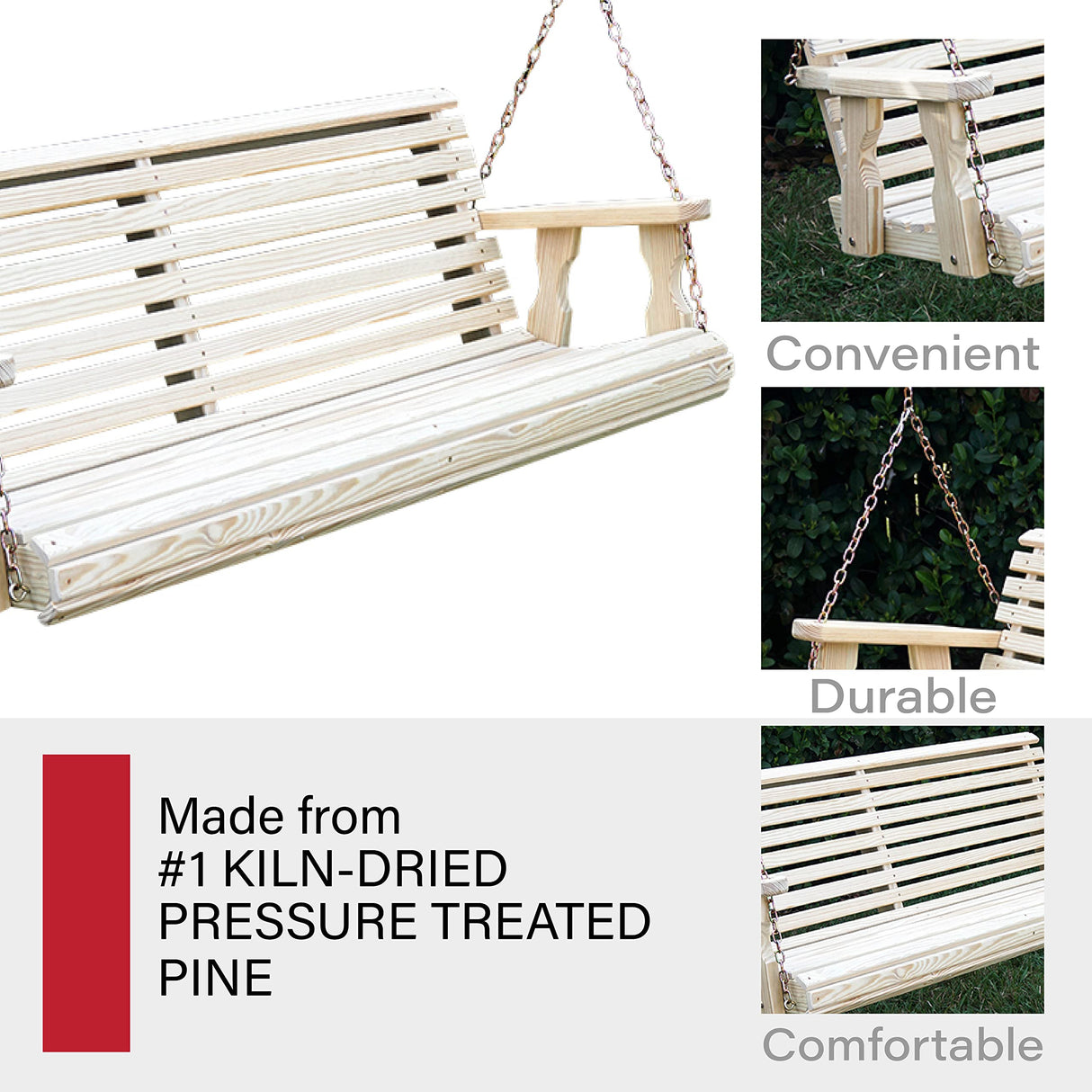 Amish Casual Heavy Duty 800 Lb Roll Back Treated Porch Swing with Hanging Chains (5 Foot, Unfinished) Amish Casual