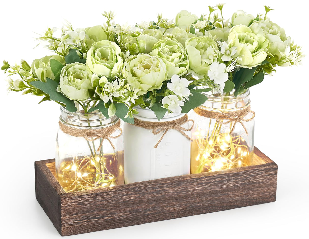 Mkono Mason Jar Lights Centerpiece Table Decorations for Dining Room Farmhouse Coffee Table Decor Wood Tray with 3 Jars Flowers Christmas Home Decor (Light Green) Mkono