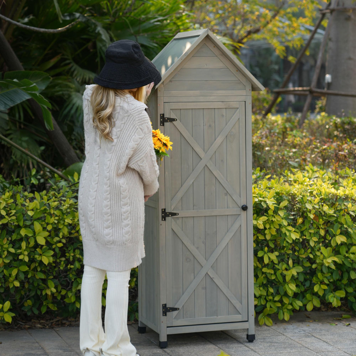 FTCBNet Outdoor Storage Shed Wooden Garden Tool Storage Cabinet with 3 Removabl Shelves and Galvanized Sheet Waterproof Roof for Yard,Patio,Deck and Porch (Gray) FTCBNet