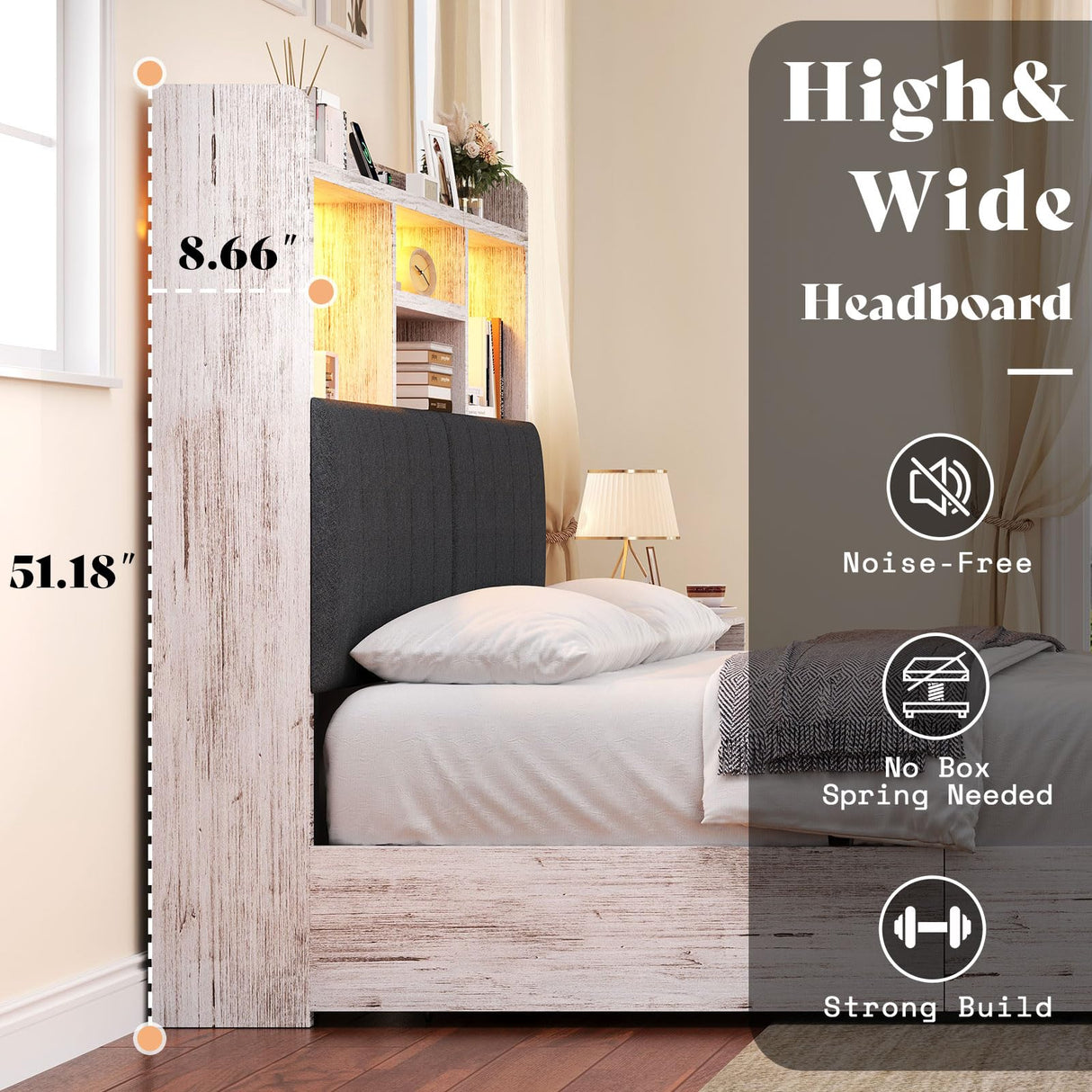 AMERLIFE King Size Bed Frame with 51.2" Tall Bookcase Headboard, Farmhouse Platform Bed with 4 Storage Drawers, Linen Upholstered, Charging Station & Storage, Rustic White AMERLIFE