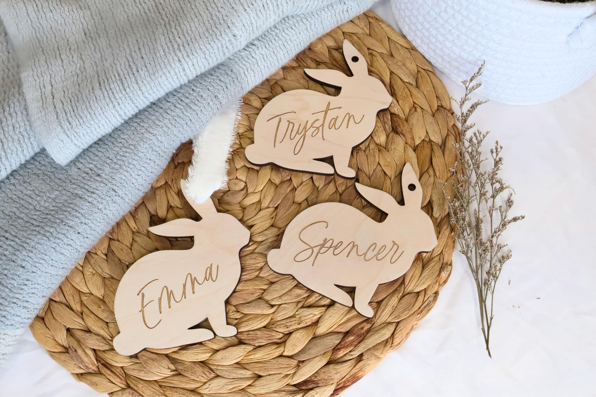 Personalized Easter Bunny Rabbit Basket Tag, Engraved Bunny-Shaped Wooden Placecard Name Tag For Kids Obsidian Home Creations