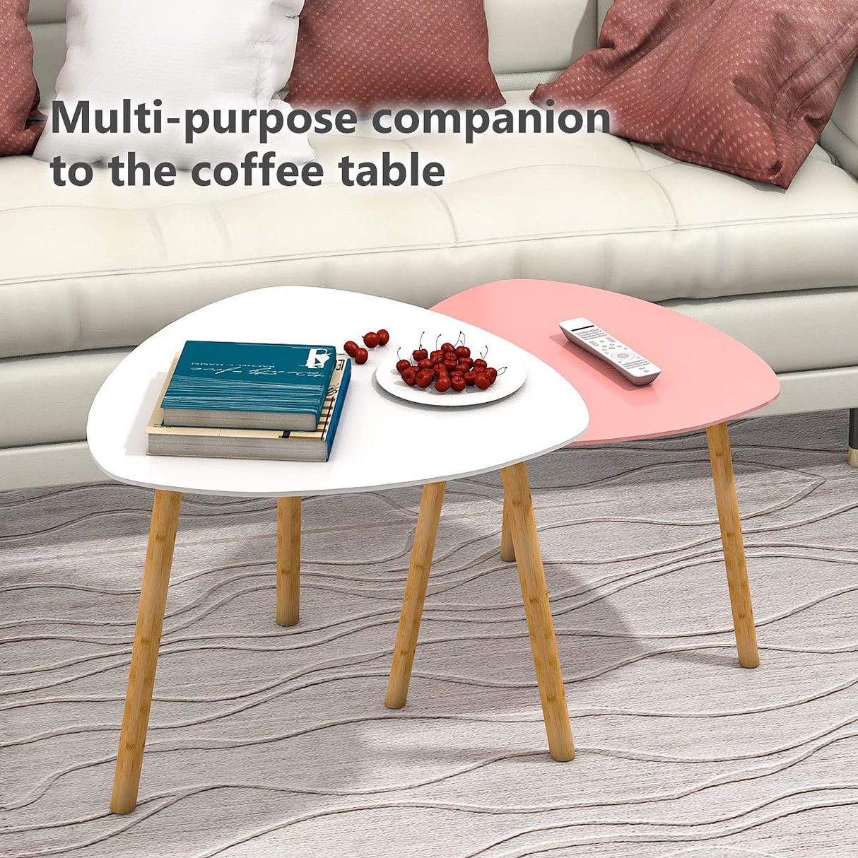 Bambloom Bamboo Nesting Coffee Tables - Small Coffee Table for Living Room, Set of 2 Triangle End Table Modern Side Table for Bedroom Apartment Balcony Yard Small Spaces, (White & Pink) Bambloom