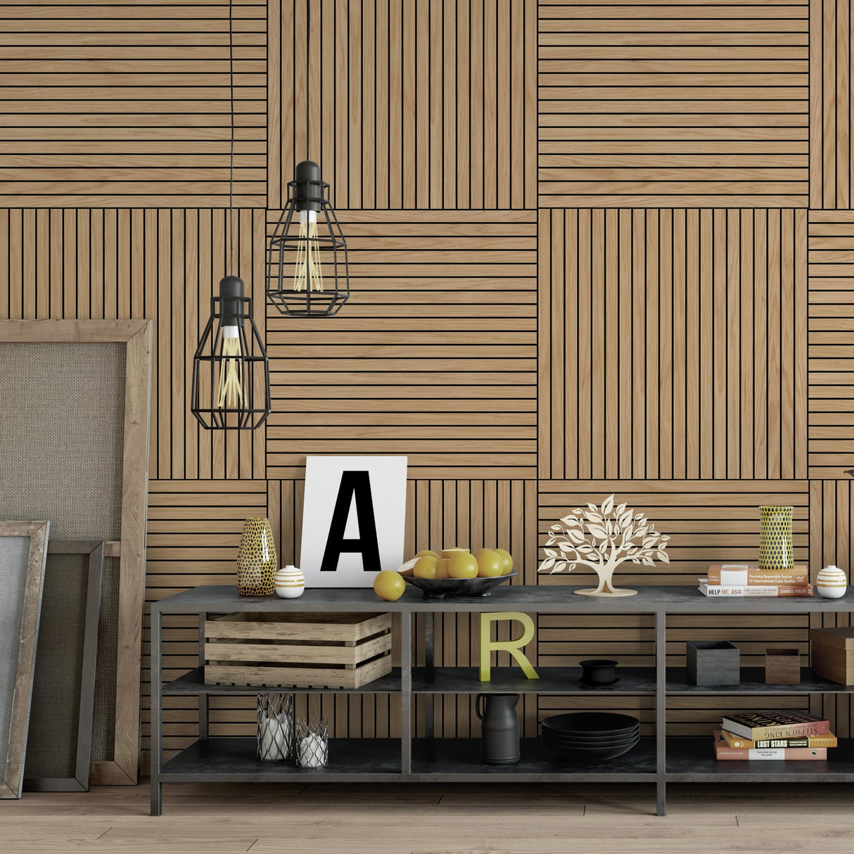 INNO STICKERS 4-Piece Wood Slat Wall Panel for Interior Wall Decor Noise Cancelling 47.2" x 23.6" Peel and Stick Acoustic Decorative 3D Sound Absorbing Wall Paneling, Natural Oak INNO STICKERS