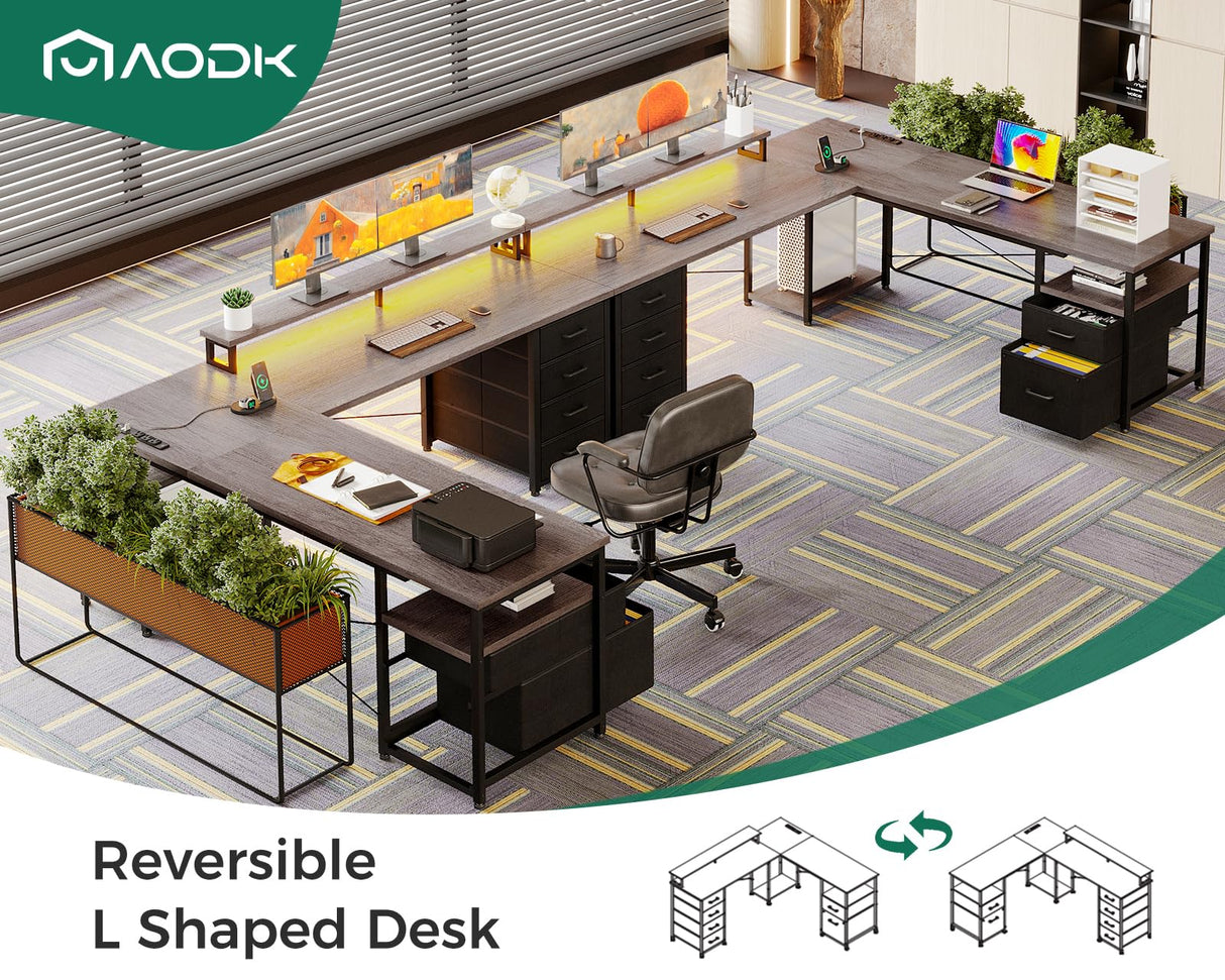 AODK 59" L Shaped Desk, 105" Computer Desk with File Cabinet & 4 Fabric Drawers, Home Office Desk with Monitor Shelf & Power Outlet, Two Person Desk or Corner Desk, Gaming Desk with LED Light, Grey AODK