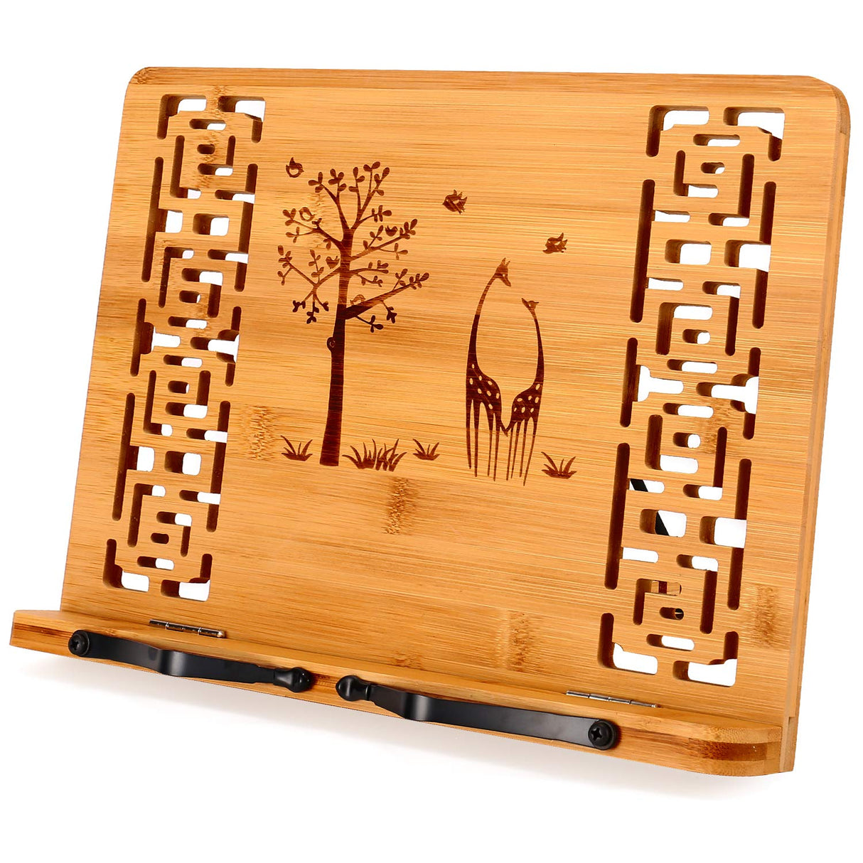 MEGREZ Book Stand for Reading (13.2 x 9.4 inch) Bamboo Cookbook Stand Holder for Kitchen, Adjustable Book Holder Stand for Tablet/Textbook Holder/Hollow Bookrest Stand, Giraffe and Tree MEGREZ