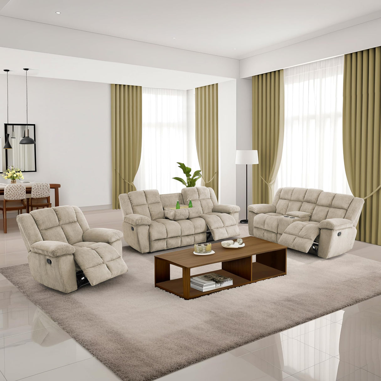 SIENWIEY Beige Corduroy Reclining Sofa Set for Living Room - Manual Fabric 3-Seater Sofa, Double Loveseat, and Chair SIENWIEY