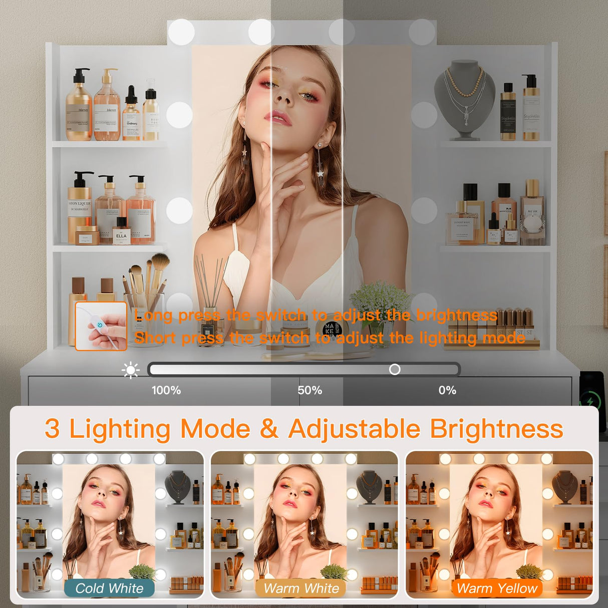 Quimoo 48" Large Vanity Desk with Mirror & Lights, Makeup Vanity Table with 6 Drawers & Power Outlet, 4 Open Storage Shelves, Vanity Desk Set with Stool, for Women Girls, White Quimoo