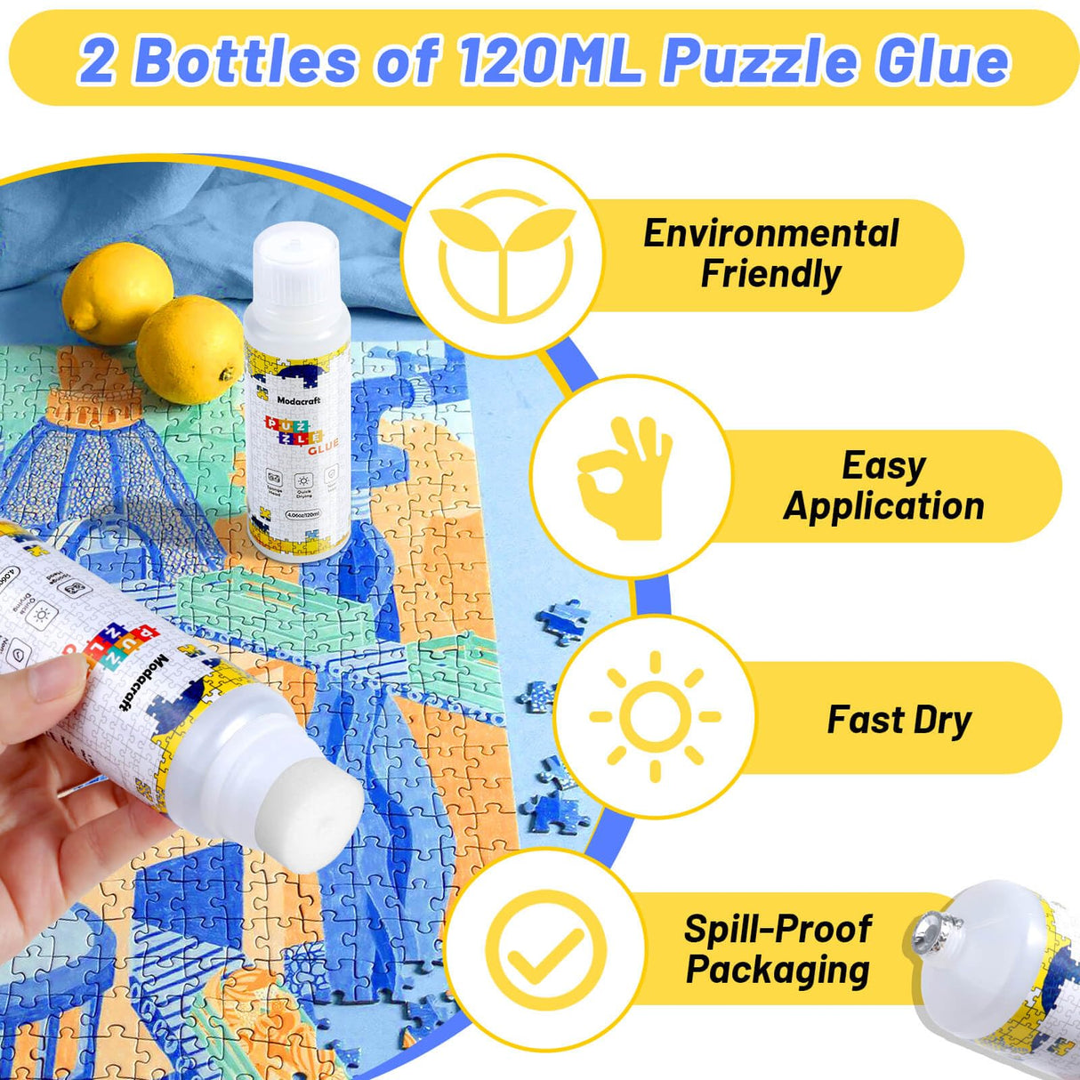 2 Pack 120ml Jigsaw Puzzle Glue with New Sponge Head, Suitable for 1000/3000/5000 Pieces of Paper and Wood Puzzle, Clear Water-Soluble Quick Dry Jigsaw Puzzle Glue, 240ml in Total Modacraft