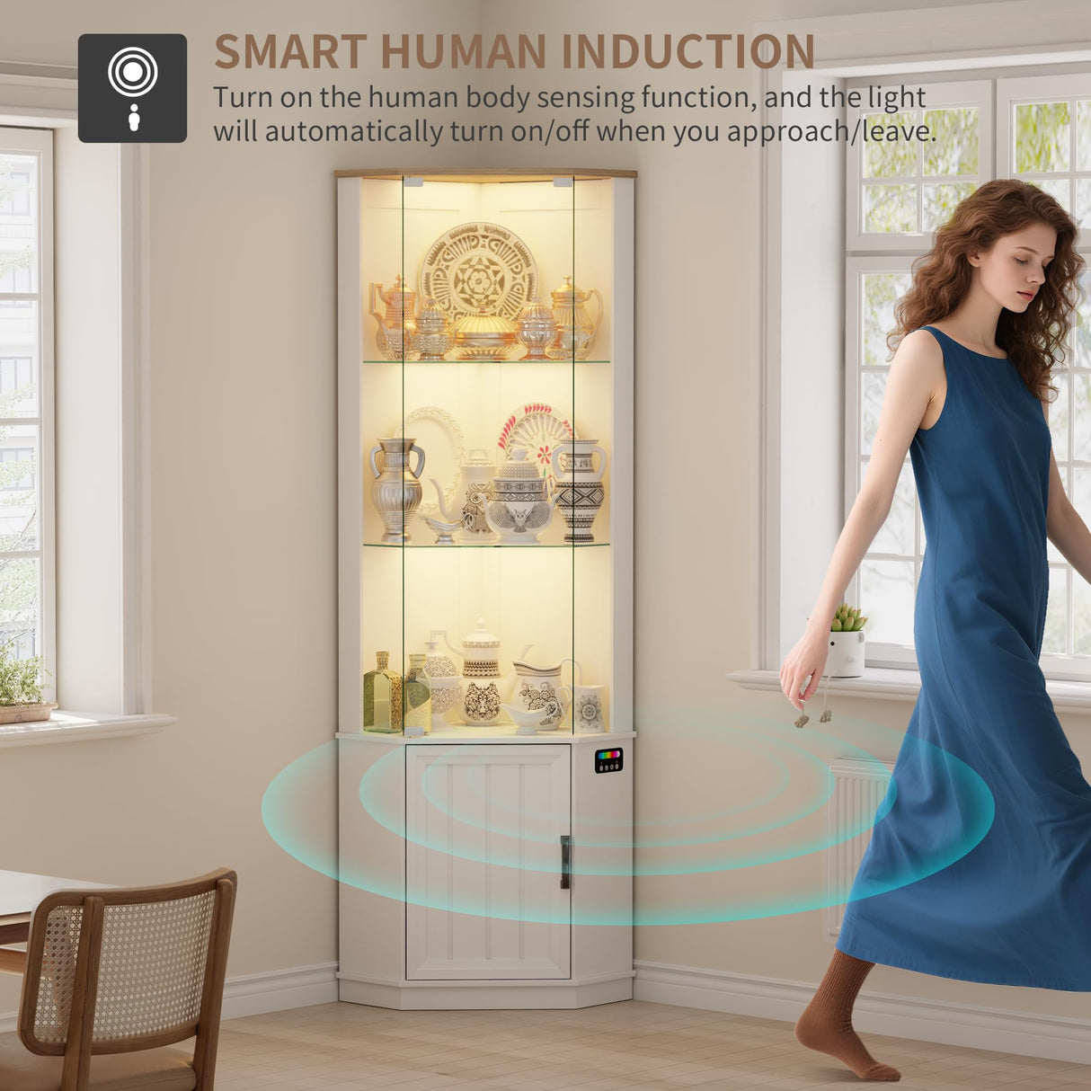 Lvifur 69" Corner Glass Display Cabinet with RGB Lights,3-Tier Movable Glass Shelves,Curio Display with Human Body Sensor,Bookcase with Storage Cabinet for Toys,Books,Collectibles,Liquor,White Lvifur