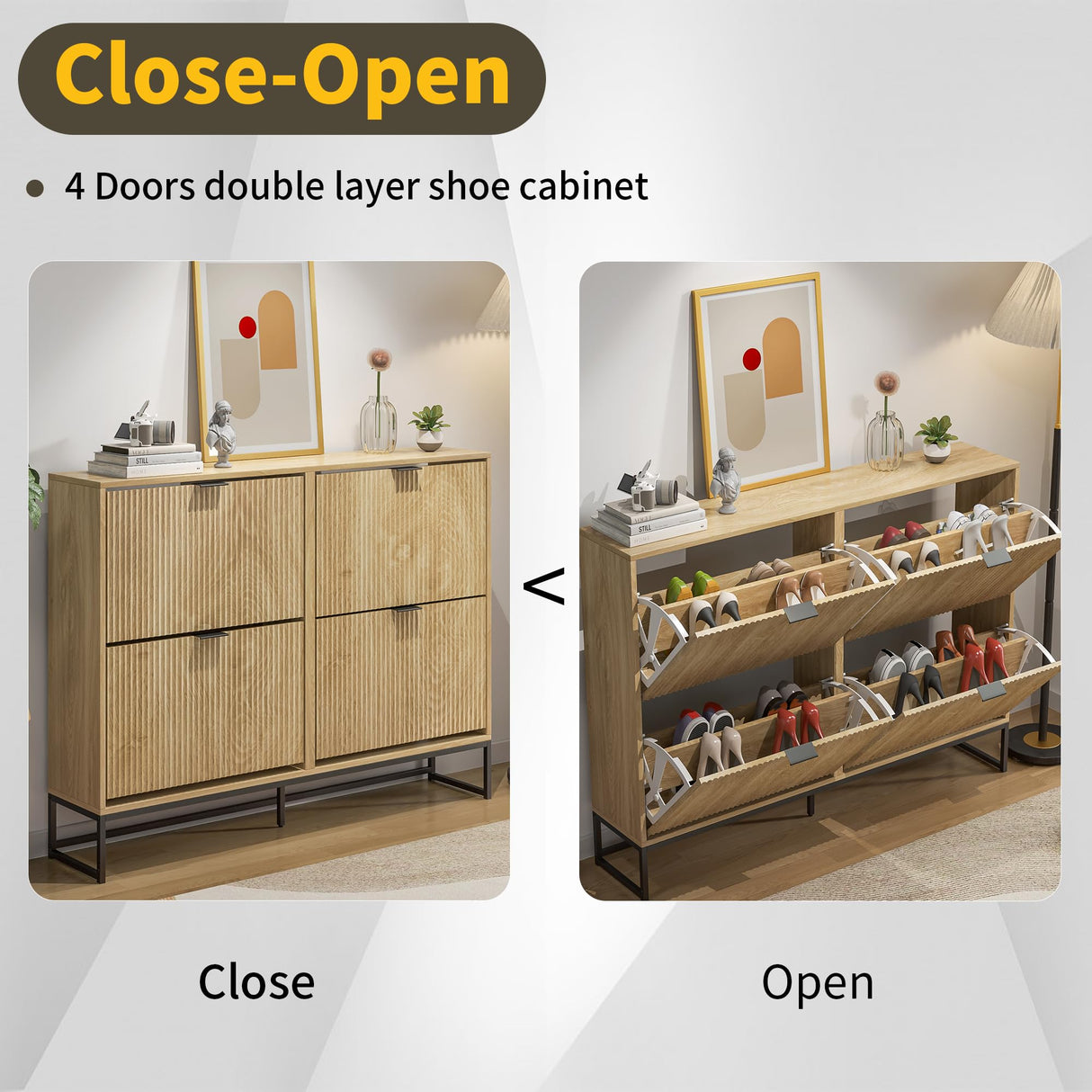 Jluomei Shoe Cabinet Storage for Entryway Slim Modern Shoe Rack Cabinet with 4 Flip Drawers Tipping Wooden Narrow Shoe Cabinet Freestanding Fluted Shoe Organizer for Living Room, Wood Jluomei