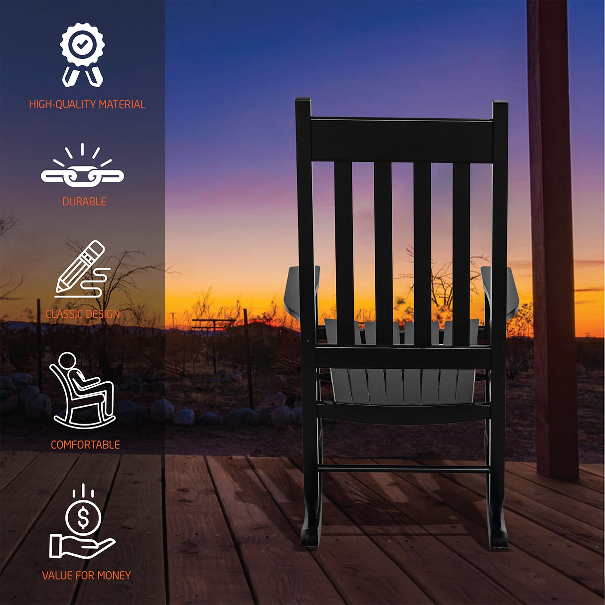 HOMESTEAD Wooden Rocking Chair Outdoor Furniture - Acacia Solid Wood Black Rocking Chair Front Porch Furniture - FSC Certified Hardwood Indoor & Outdoor Adirondack Rocking Patio Rocker Porch Chairs HOMESTEAD