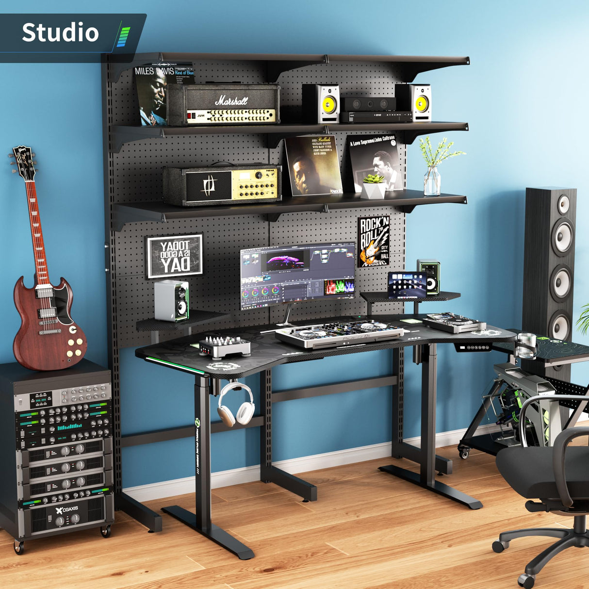 Klobel 63" Standing Gaming Desk with Dual Motor, Wing-Shaped Computer Desk with Full Coverage Mouse Pad, Electric Height Adjustable Standing Desk with RGB LED Lights and Slot Design Shelves Klobel