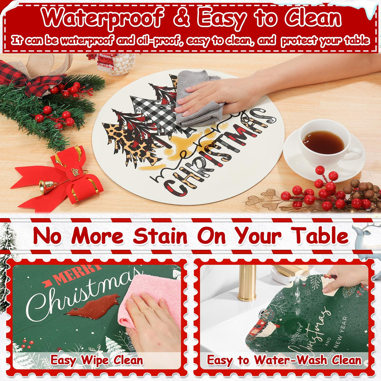 Christmas Placemats Set of 6 Faux Leather Washable Dining Table Mats 13Inch Round Heat Resistant Wipeable Waterproof Placemats for Holiday Parties Dinner Home Kitchen Decor Winter Truck Xmas Tree Mats Lucomb