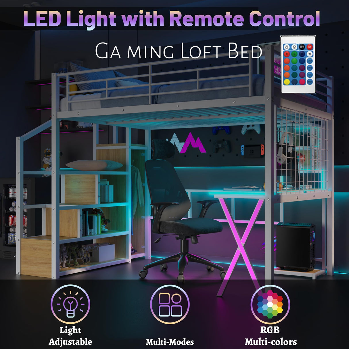 MoproBeti Full Size Loft Bed with Desk and Storage Stairs,Metal Gaming Loft Bed Full with LED Lighting, High Loft Bed with Wardrobe and Shelves for Boys,Girls,Teens, Adults,White MoproBeti