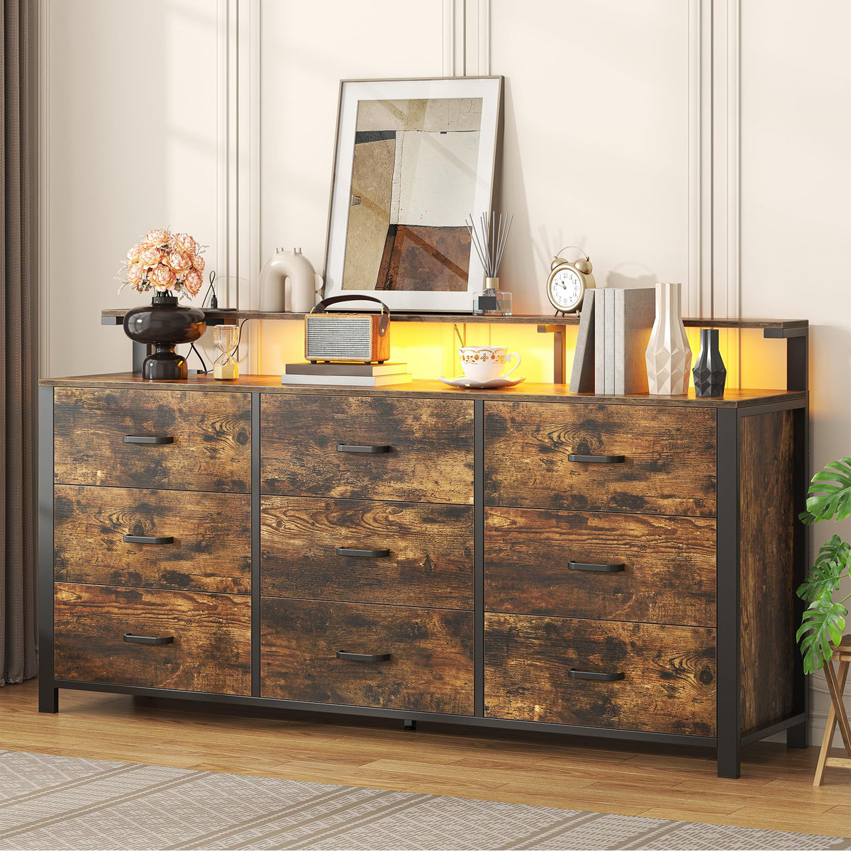 Frmobepts 63'' Rustic Brown Dresser for Bedroom, 9 Drawer Dresser with