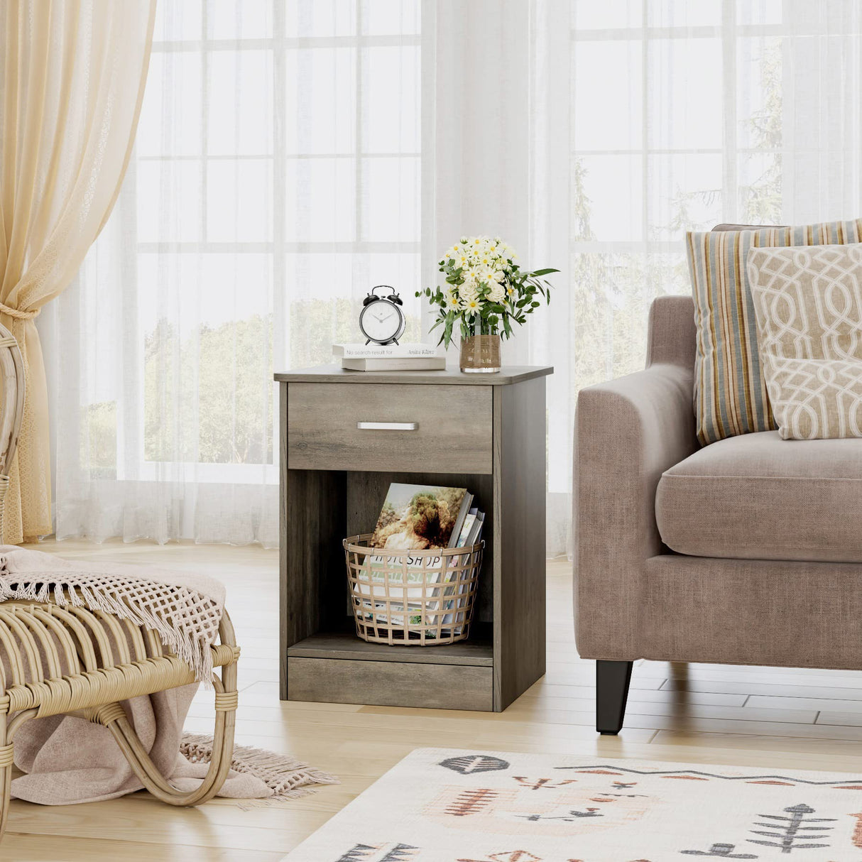 FOTOSOK Nightstand Set of 2, 2-Tier Side Table with Drawer and Storage Shelf, Bedside Table End Table, Modern Night Stand for Bedroom, Home Office,Vintage Grey FOTOSOK