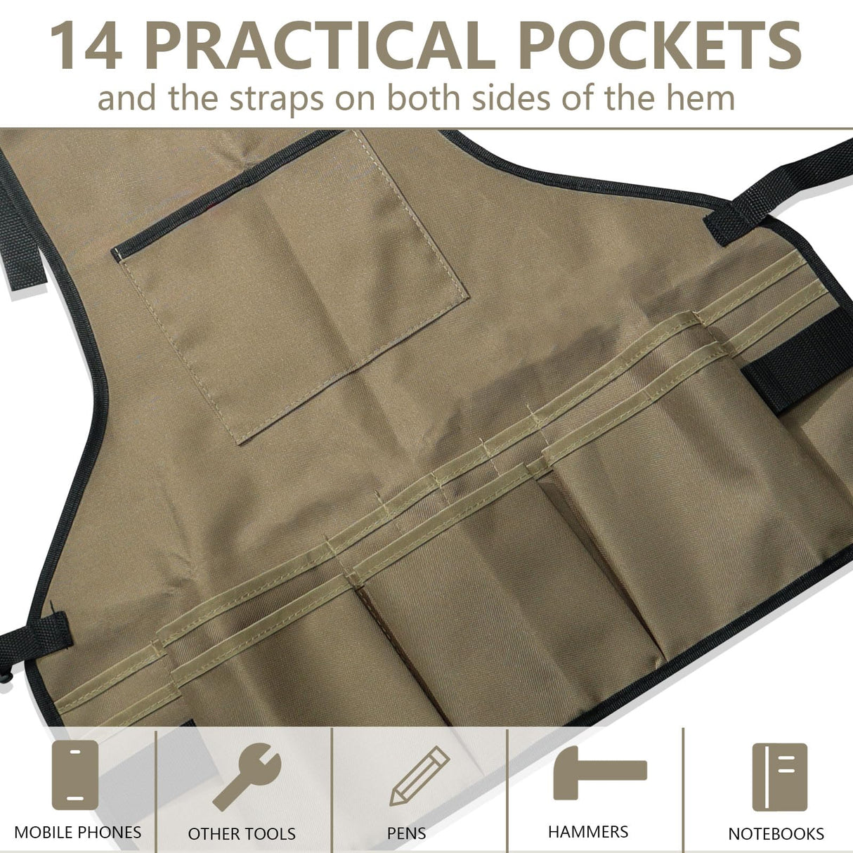 Realand 14 Pockets Tool Apron + 13 Pockets Waist Tool Belt, Sturdy Oxford Work Apron Vest for Carpenter Garden Woodworker Shop, Woodworking Aprons for Men Women, Khaki Realand