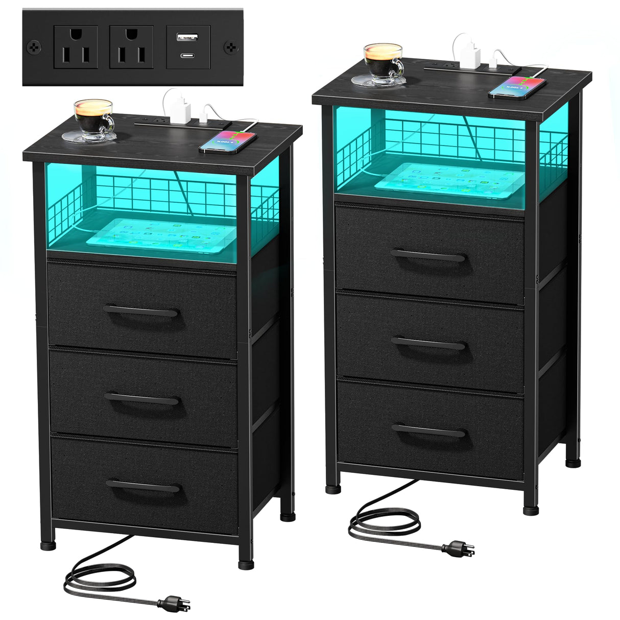 LAKEMID Night Stand Set 2 with Charging Station, End Table Set of 2 with 20 Colors LED Light Strip 3 Drawers, Side Tables Bedroom with USB Ports and Outlets for Living Room, Office (Black) LAKEMID