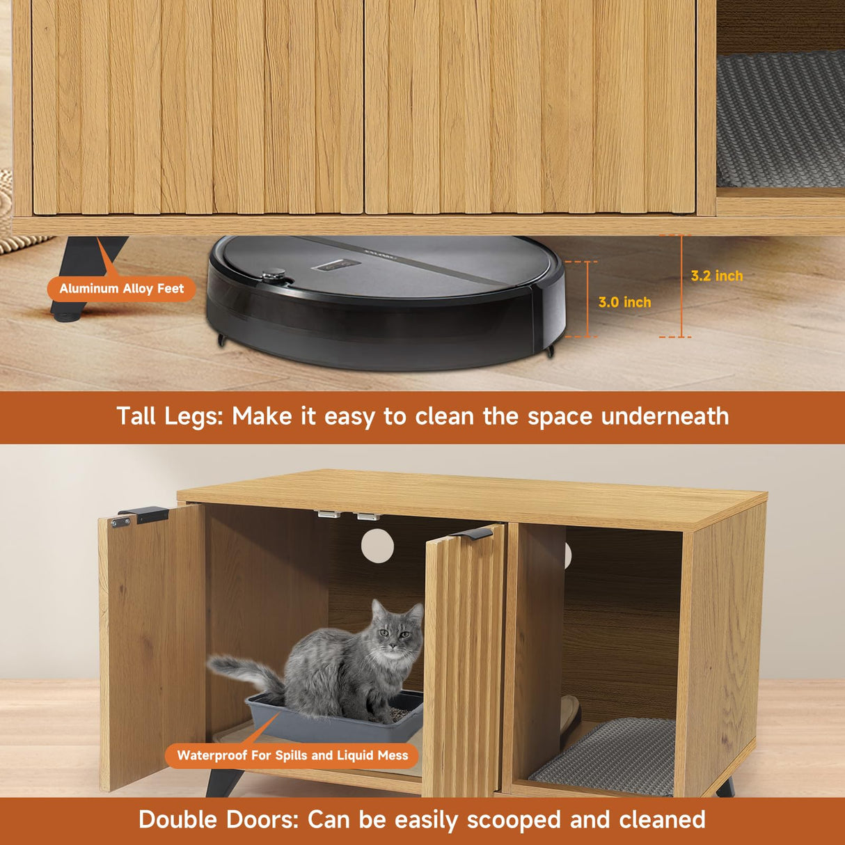 QuicMiou Cat Litter Box Enclosure, Modern Cat Litter Box Furniture Hidden, with Scratching Pad, 4 Metal Legs, Cat House, Natural Oak QuicMiou
