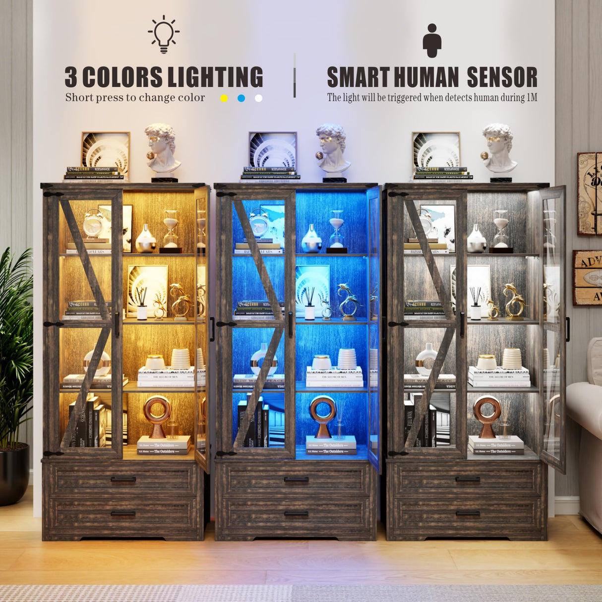 FREDEES Rustic Brown Farmhouse Storage Cabinet with Adjustable Shelves and LED Display FREDEES