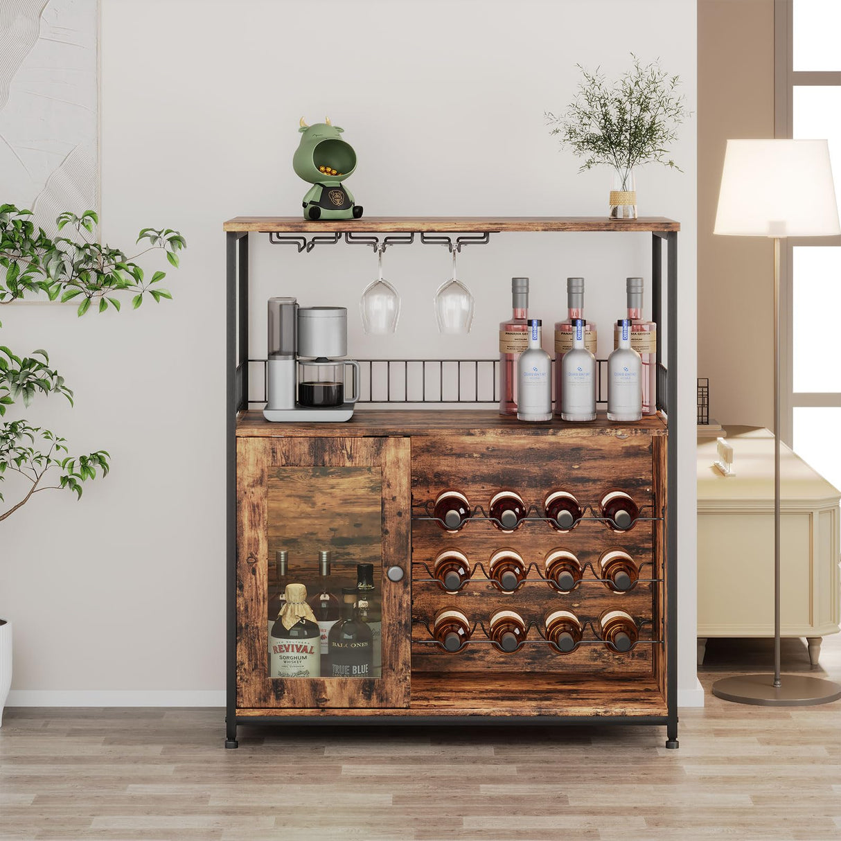 ZERDER Wine Bar Cabinet with LED Light, Home Coffee Cabinet with Wine Rack and Glass Holder, Bar Cabinet with Storage Shelf and Cabinet, Freestanding Liquor Cabinet for Living Room, Dining Room ZERDER