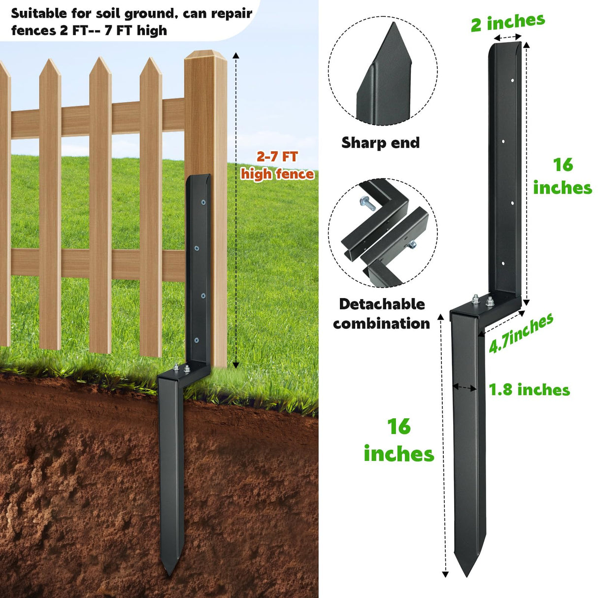 JPOIP Heavy Duty Steel Fence Post Repair Kit, 32 Inch Long Fence Post Anchor Ground Stakes for Repair Tilted/Broken Wood Fence Post (4 Pack) JPOIP
