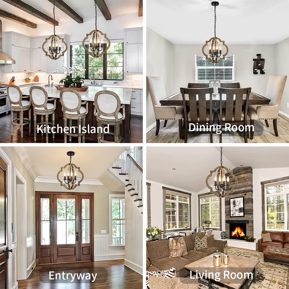 Farmhouse Orb Chandelier, Rustic Wood Chandelier for Dining Room, 4-Light Pendant Light for Kitchen Island Hallway Foyer Entryway Bedroom, Adjustable Height TOULMJ