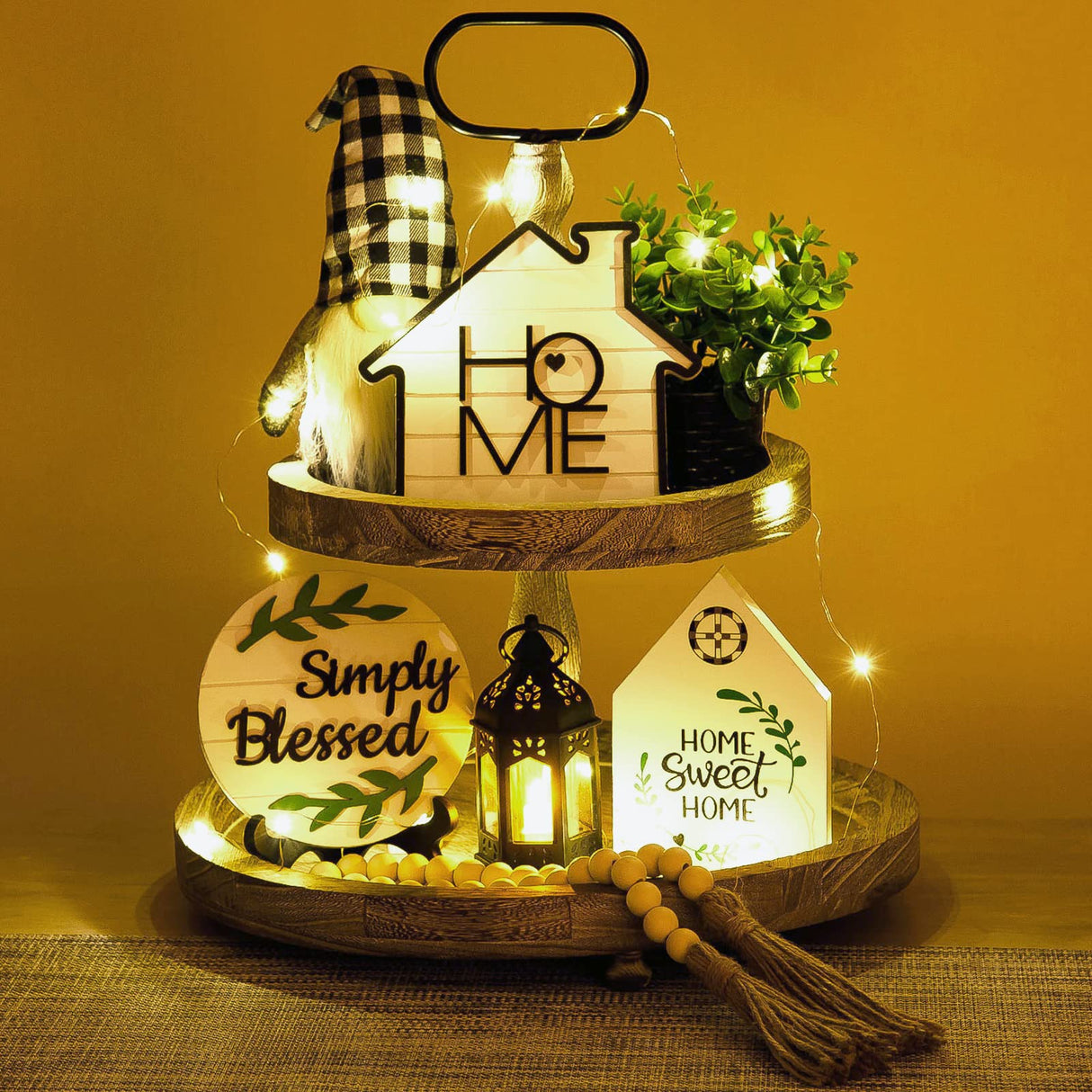 10 Pcs Farmhouse Tiered Tray Decor Rustic Wooden Home Decor Wood Bead Garland Sweet Wooden Sign with Artificial Succulents Plants Mini Candle Lantern for Farmhouse Home Kitchen(Tray Not Included) ARCHCRTC