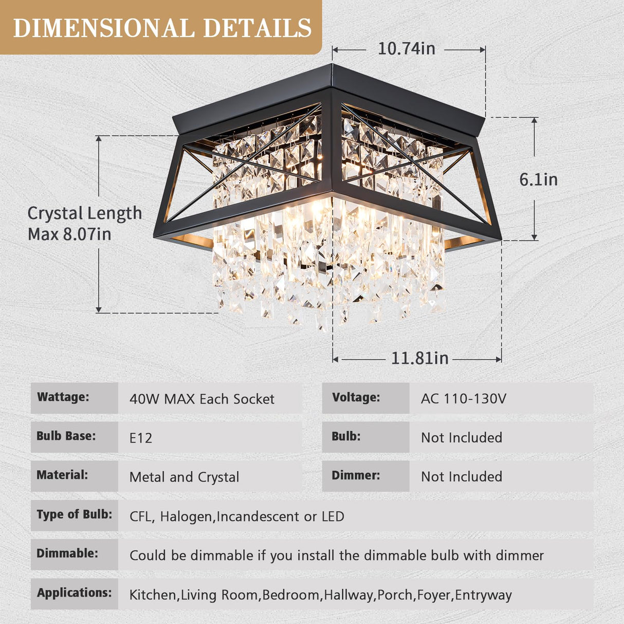 Crystal Flush Mount Ceiling Light, 11.8 inch 4-Light Black Farmhouse Lighting Metal Ceiling Light, Modern Trapezoid Hallway Light Fixtures Ceiling Mount for Bedroom Kitchen Laundry Entryway Foyer Ejerlya