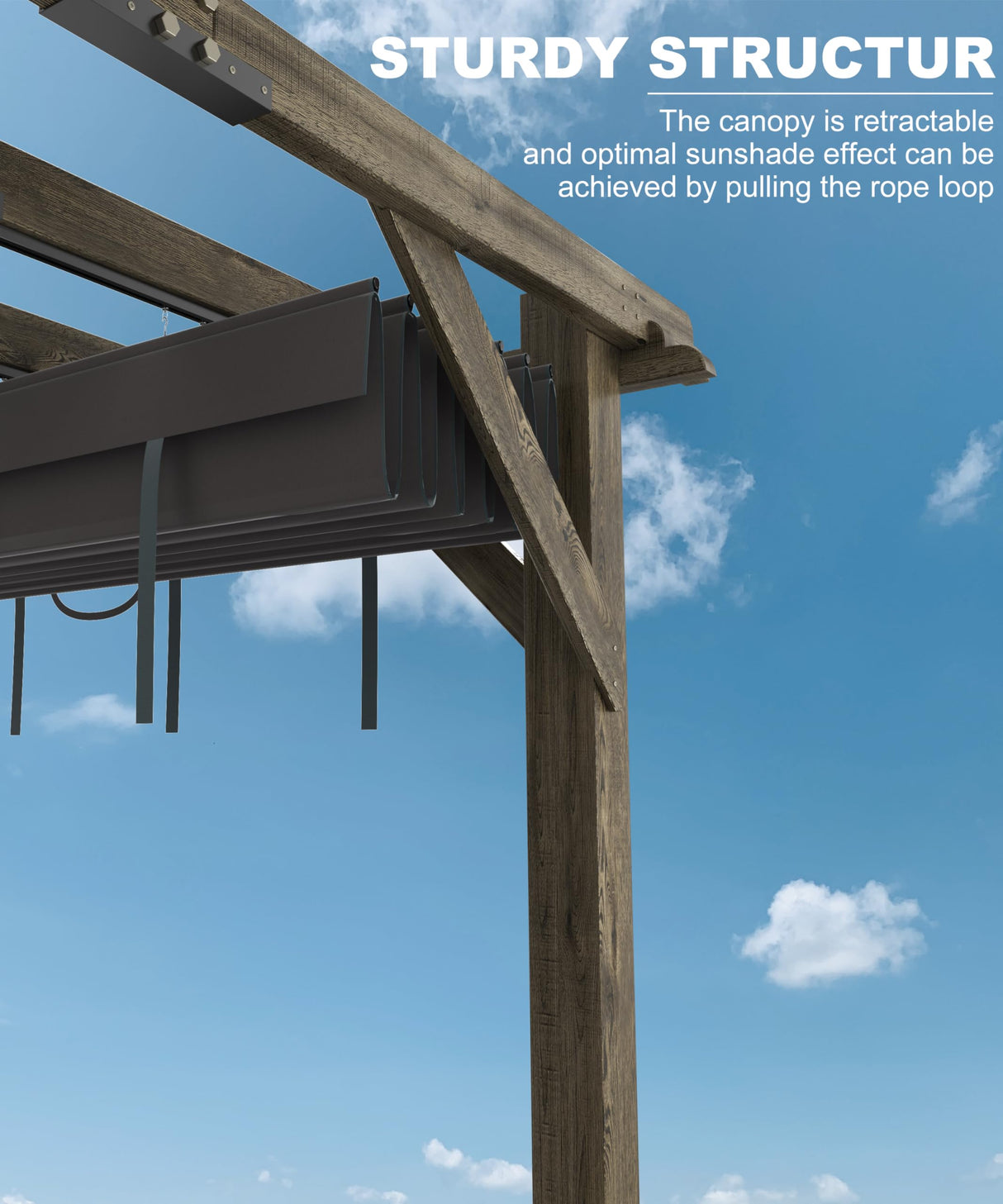 KYBOLT 10 X 12 Ft Wood Pergola with Retractable Sunshade Canopy, Solid Structure, Outdoor Pergola for Deck, Garden, Backyard - Charcoal Gray KYBOLT