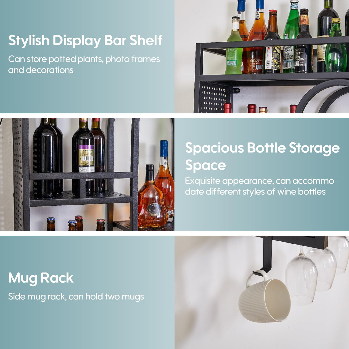 39in Wine Rack Wall Mounted with Led Light, 3-Tiers Black Bar Shelf Wall Mounted, Liquor Bottle Display Shelf, Wall Wine Rack for Kitchen Bar Dining Rooms Decoration BGGFNZ