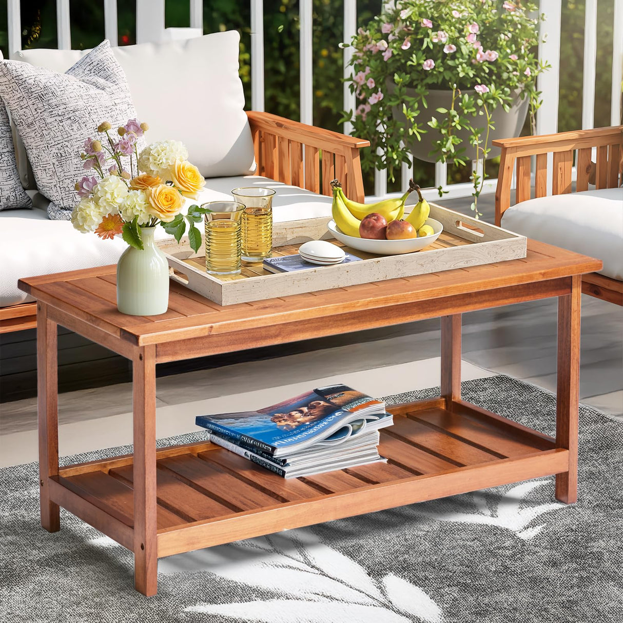 VINGLI Outdoor Wooden Coffee Table, 2-Tier Storage Rectangle Patio Coffee Table for Outside, Solid Wood Low Outdoor Table for Balcony Porch and Deck VINGLI