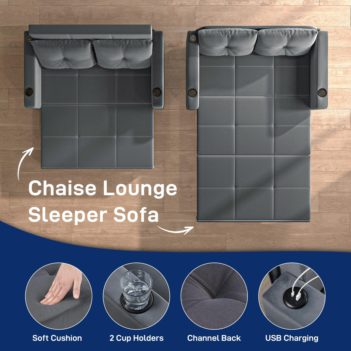 Krcix 3 in 1 Pull Out Couch, 56 Inch Velvet Sofa Bed, Convertible Loveseat Sleeper Sofa for Living Room, Small Space, Upholstered Couch Bed with USB, Cup Holder(Grey) Krcix