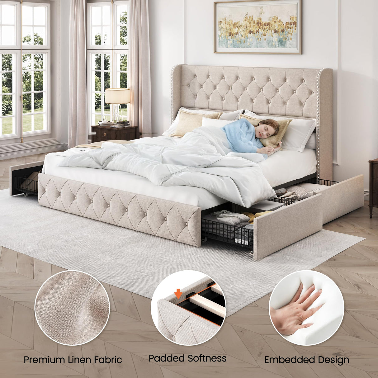 LARMACE King Size Bed Frame with 4 Storage Drawers and Tufted Headboard Linen Upholstered Platform Bed Frame Wingback Beds with Wooden Slats Support, Easy Assembly, Beige LARMACE