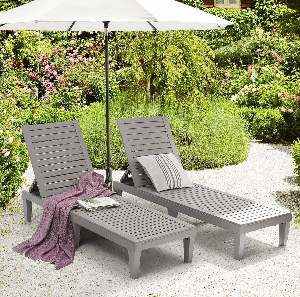Nestl Patio Chairs - Grey Chaise Lounge Chair Outdoor, 5-Position Adjustable Sun Tanning Chair, Waterproof Pool Lounge Chairs Set of 2, Reclining Lawn Chair, Lightweight Outdoor Lounge Chairs Nestl
