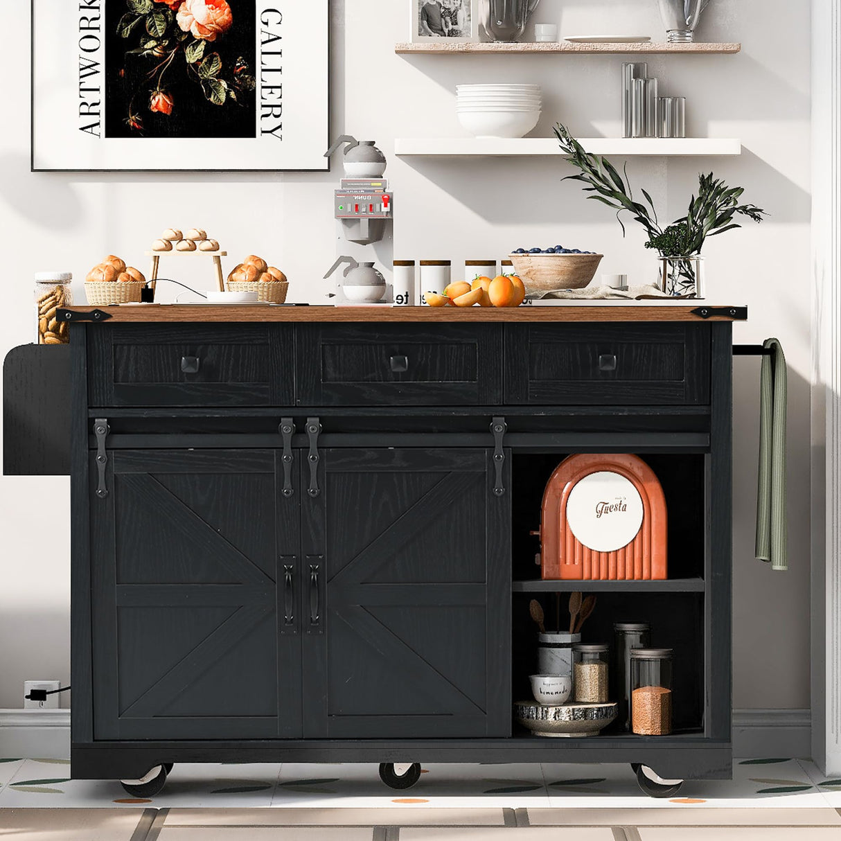 Merax 53.7" Kitchen Cart Island on Wheels with Power Outlet,Drop Leaf and 2 Sliding Barn Door,Farmhouse Wood Frame Storage Cabinet for Dining Room Merax