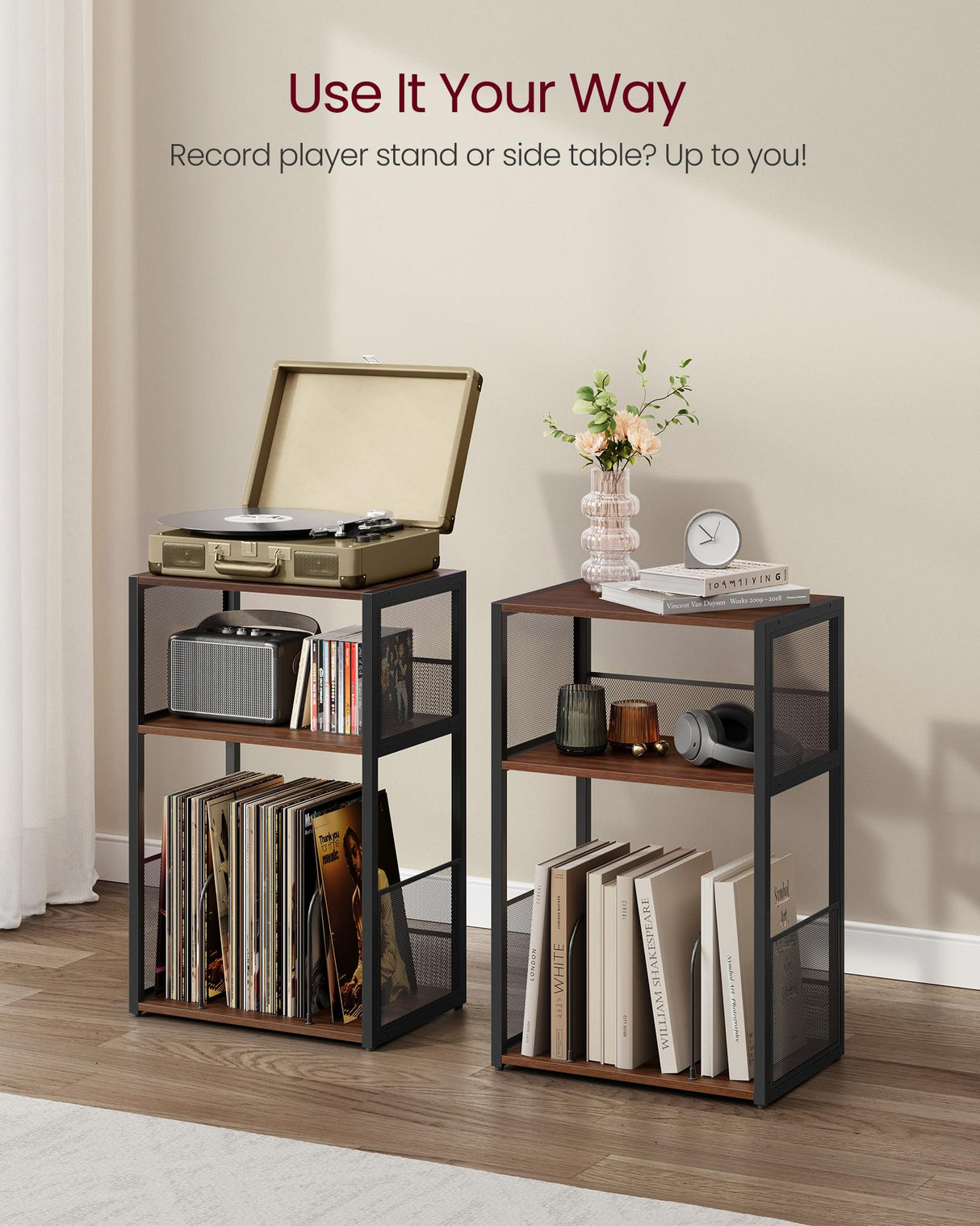 VASAGLE Record Player Stand, 3-Tier Side Table, Vinyl Record Storage up to 100 Albums, End Table for Living Room, Bedroom, Natural Walnut ULET275K02 VASAGLE