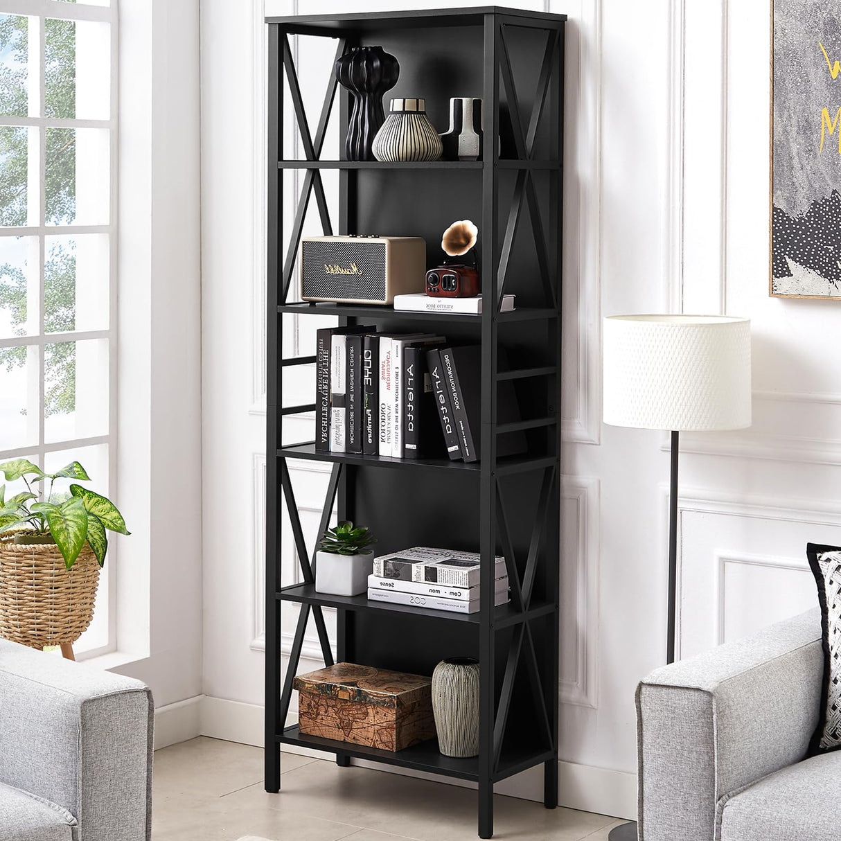 HOMISSUE Tall Bookshelf, 6-Tier Book Shelf, Rustic Wood Metal Bookshelves and Bookcases, Freestanding and Industrial Open Bookcase for Home Office, Living Room and Bedroom, Black HOMISSUE