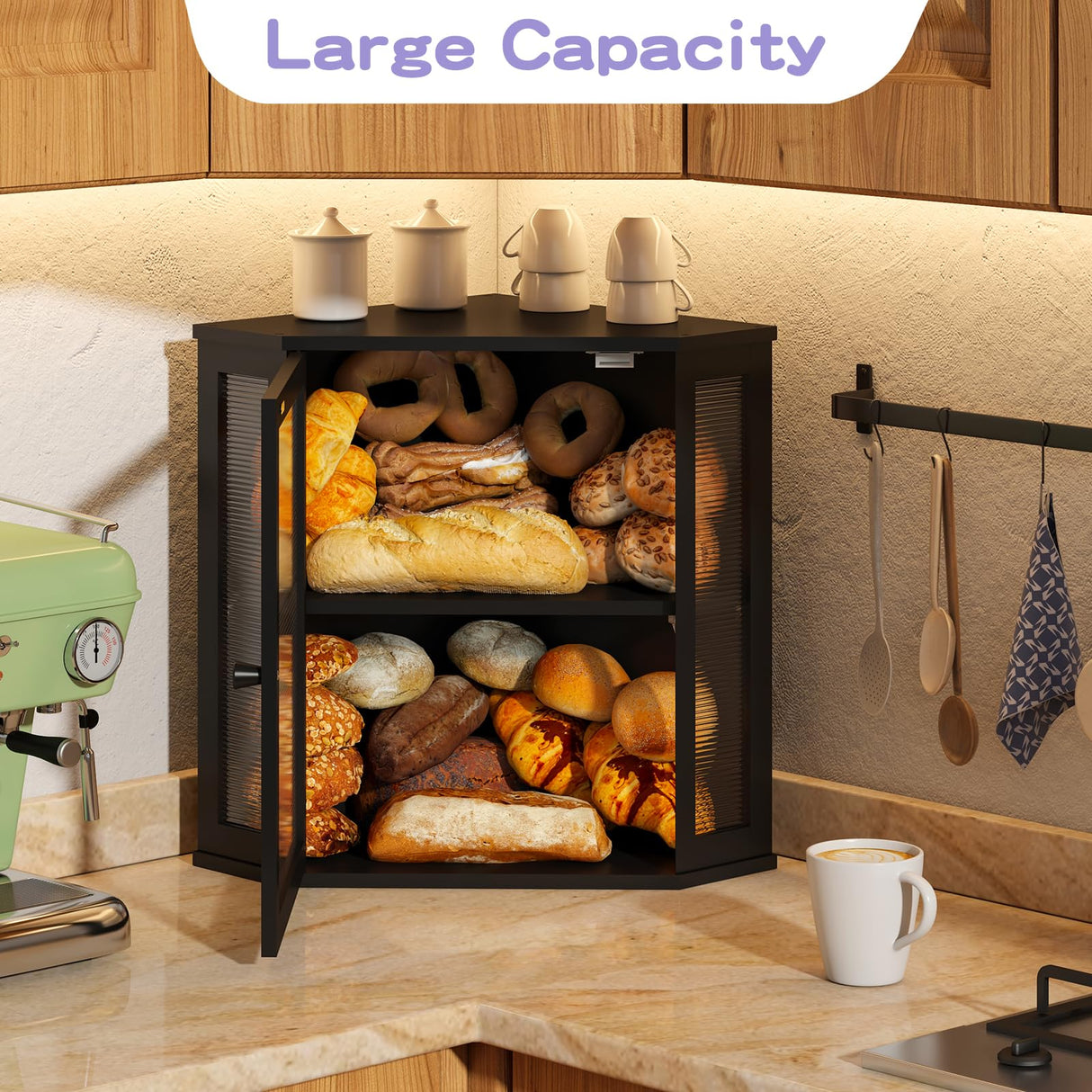 Wieghda Corner Bread box for Kitchen Countertop,Farmhouse Bread Box with Acrylic Wavy Door Panel,Large Bread box for kitchen countertop,Kitchen Countertop Food Storage Container (Black, Extra Large) Wieghda