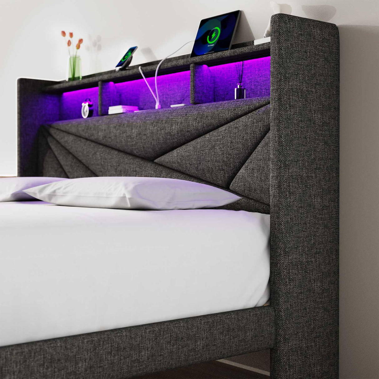 Driftalia LED Queen Bed Frame with 2 Storage Drawers, Upholstered Bed Frame Queen Size with Headboard and Charging Station, No Box Spring Needed, Easy to Assembly-Dark Grey Driftalia