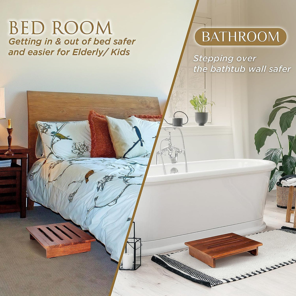 TINAMO 3.5" Acacia Wood One Step Stool for Adults (No Assemble Required)- 500 Lbs Wooden Step Stools Heavy Duty for High Bed Riser, Bathroom, Bedroom - Small Stepping Stool for Elderly, Seniors, Kids Tinamo