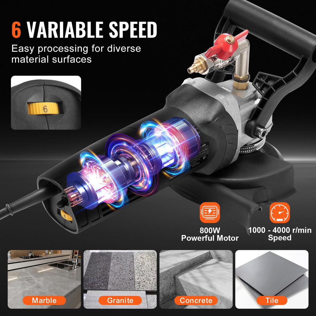 VEVOR Wet Polisher 800W, 4" Concrete Grinder with 6 Variable Speed and 7 Polishing Kits, Wet Grinder Machine for Marble, Granite, Stone, Rock, Tile, Equipped with a GFCI Switch, (1000 - 4000 RPM) VEVOR