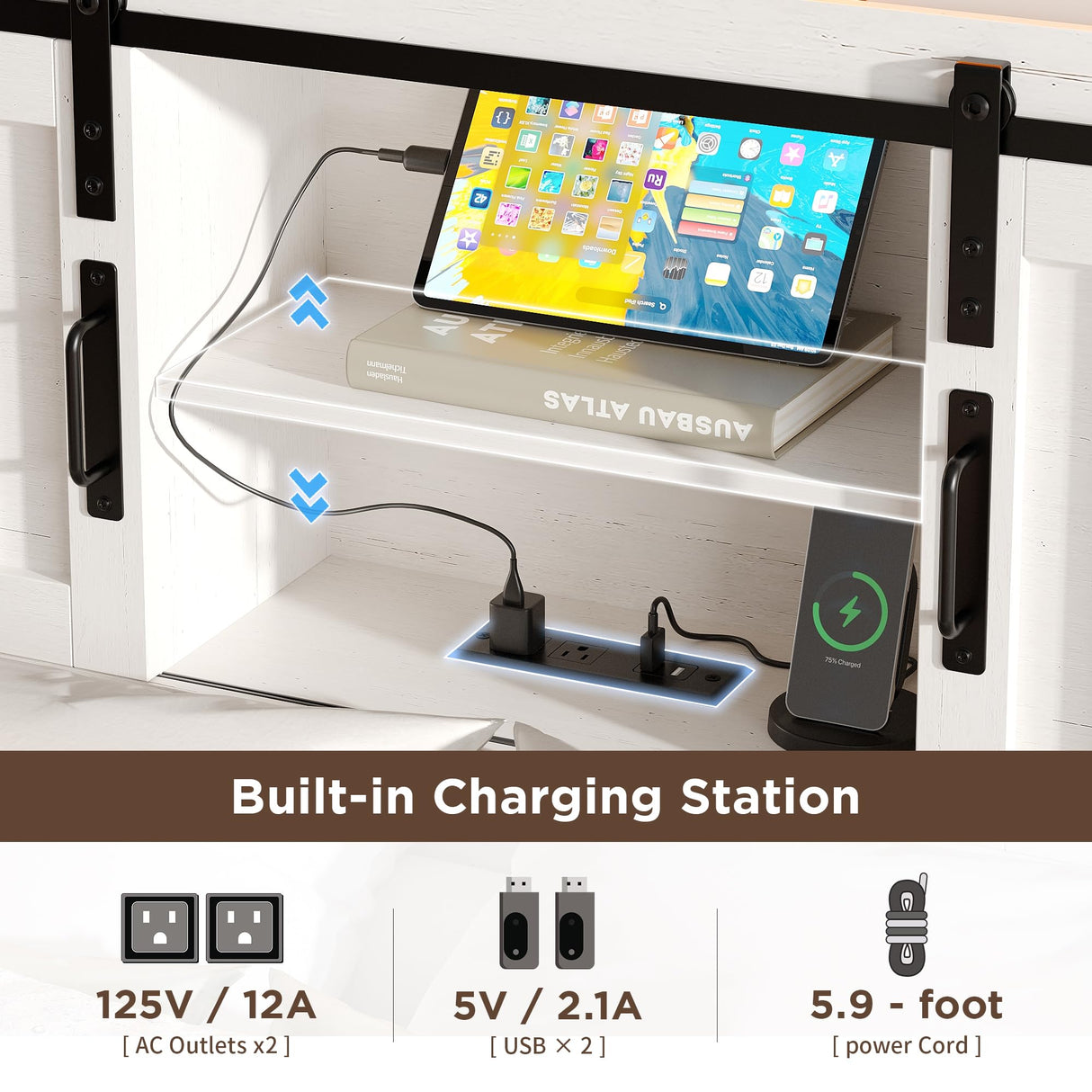 Maupvit Farmhouse Full Size Bed Frame with 4 Drawers and Bookcase Headboard, Sliding Barn Door Storage Shelves, Charging Station,LED Light Metal Platform Bed Frame No Box Spring Needed, White Door K Maupvit